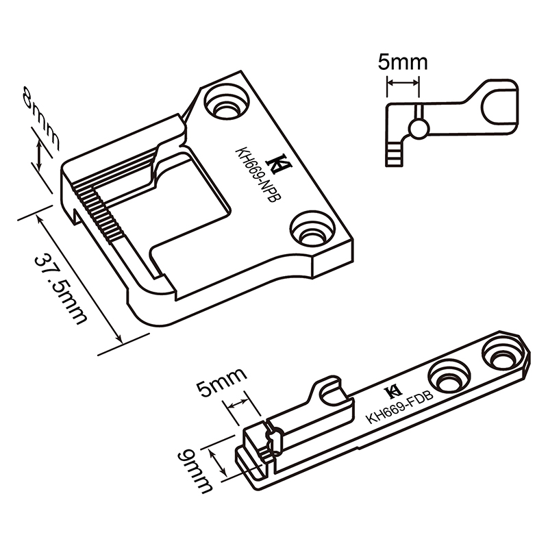 KH669-NPB Needle Plate + KH669-FDB Feed Dog — Needle plate and feed dog set for binding on Durkopp Adler 669 Used with KHB669 Moving Arm Max. stitch length : 10 mm Feed dog total width : 20mm