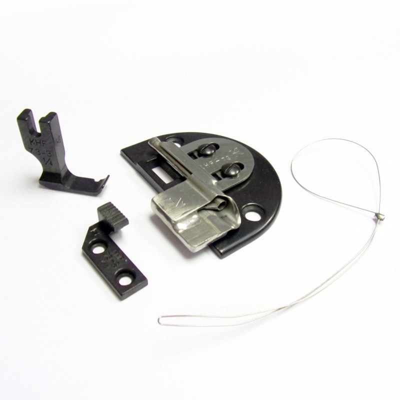 KHF73 Spaghetti Attachment — Spaghetti Attachment (Including needle plate, feed dog and presser foot.) Instructions (Refer to the picture): 1. Put the tape into the folder and sew it. 2. Fold the sewn tape into the folder hole. 3. Pull the spaghetti tape out from folder hole. 4. Cut the tape and get the necessary length.