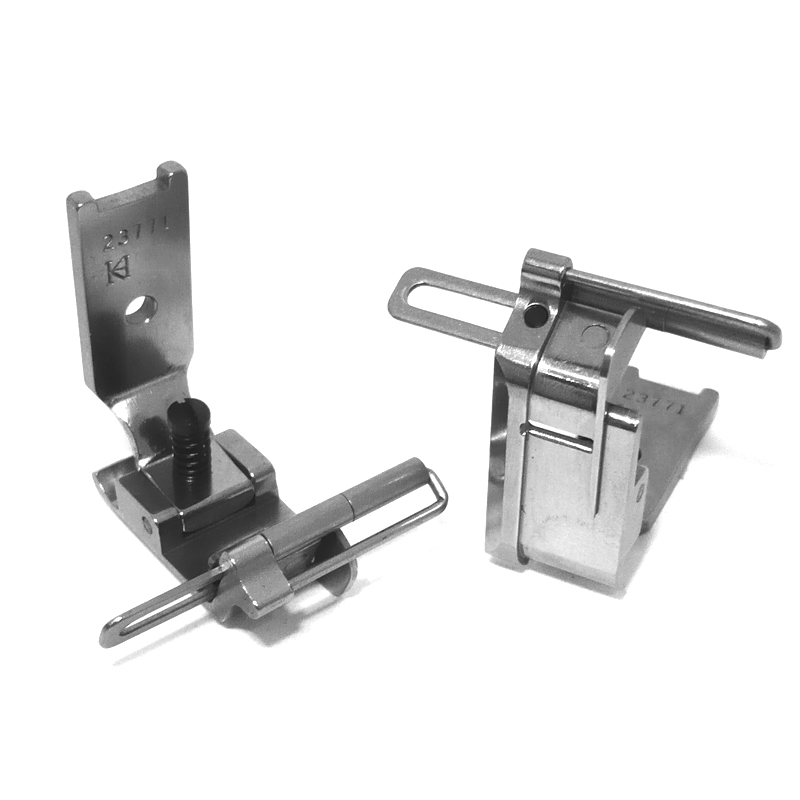 23771R Tape Attaching Foot with Roller — Tape Attaching Foot with Roller for Singer / Juki Zigzag Machine Elastic tape guide is adjustable. Elastic Tape Size : 8 ~ 21mm Needle Hole Width : 8mm Pressing Width : 11.5mm