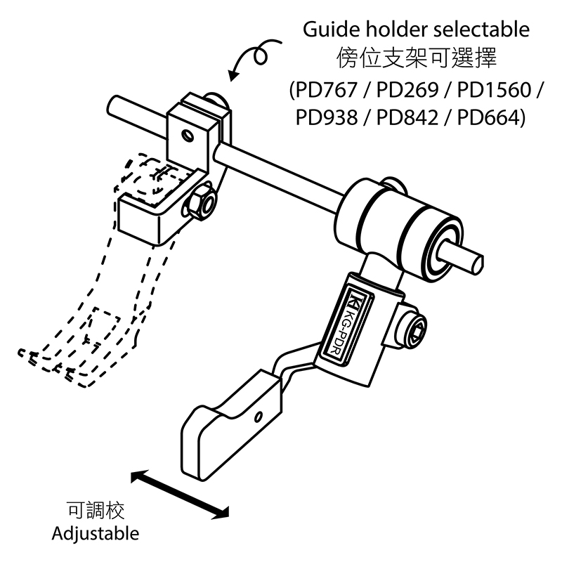 KG-PDR Right Guide — Right Guide Guide holder can be selected according to different machines. Keep guiding on plate during presser foot is lifting up. Guiding position is adjustable.