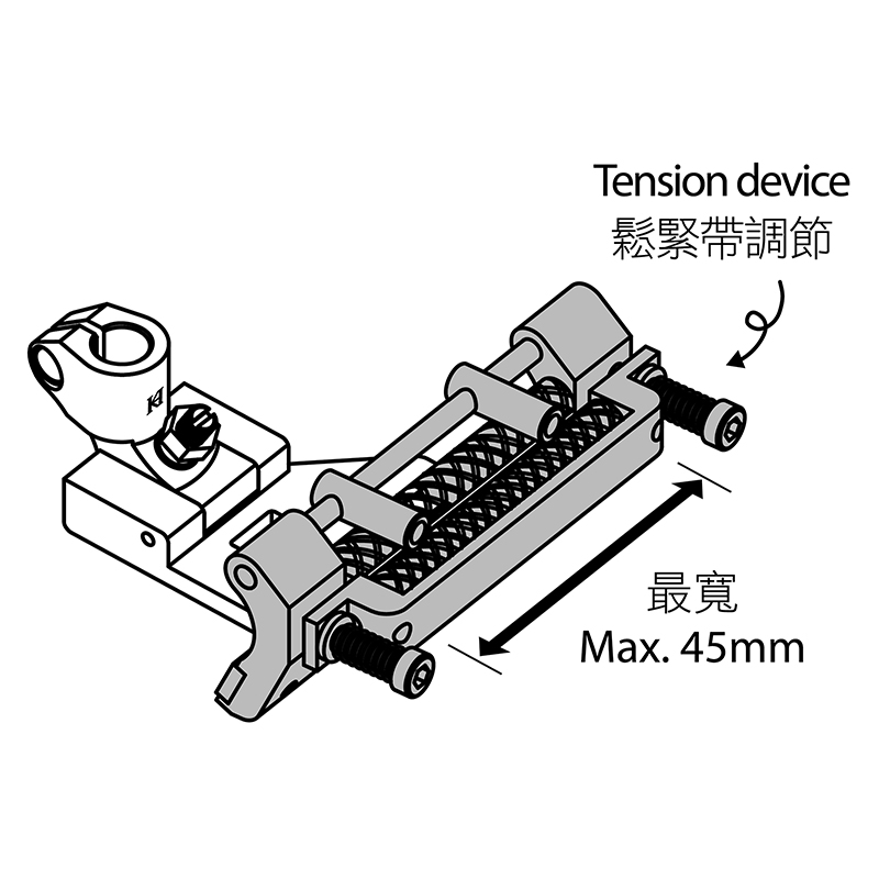 KP529-TR Roller Guiding Foot with Tension Device — Interlock-stitch Roller Guiding Foot with Tension Device for Tape / Elastic Tape The roller tape guide is attached in front of the foot, with the tension device which can adjust the tightness according to the thickness of different materials. Roller tape guide enable the sticky material such as elastic rubber tape move smoothly. The guide position is adjustable. Guiding width is is adjustable. Maximum Elastic Tape Size : 35mm (with guide pieces) 45mm (remove guide pieces)