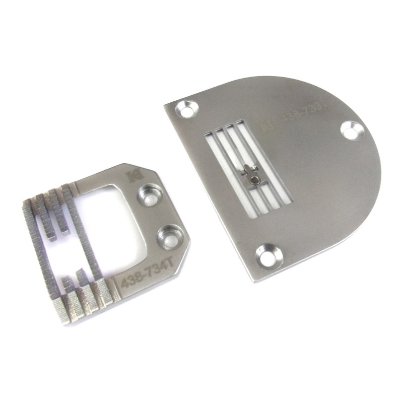 KN438733T Needle Plate + KF438734T Feed Dog — Needle plate and feed dog for Pfaff zigzag machine. KN438733T Needle Plate with Supporting Finger Needle Hole Size : 5.8mm x 1.5mm KF438734T Feed Dog Teeth : 4 rolls Teeth Width : 14mm Teeth in Mid-row : 3T+ 9T