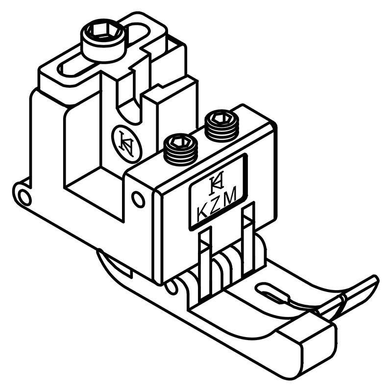 KZM-L Compensating Feet — Left Compensating Feet The pressures of presser foot toes can be adjusted independently. Suitable for sewing different thickness fabrics simultaneously. *Optional size: The space between needle hole and left guide.