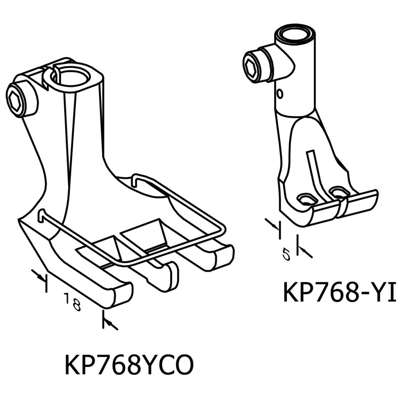 KP768YC Guiding Feet — Short Toes Guiding Feet Set with Fixed Center Guide KP768YCO Presser Foot Pressing length: 18mm KP768-YI Inner Foot Pressing length: 5mm