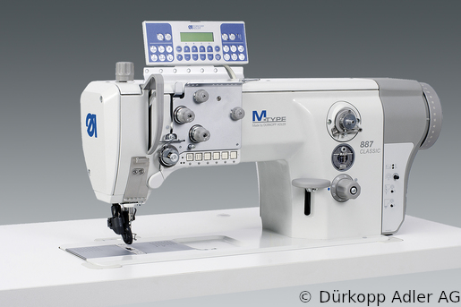 887-160122-M Dürkopp Adler 1-Needle lockstitch flatbed wheel feed, needle feed and top driven roller presser also during backtacking, integrated sewing drive sewing machine (0887 990203 021)