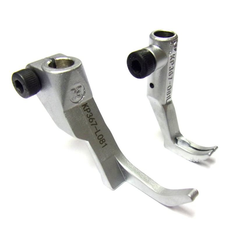 KP367-L081 Presser Feet — Presser feet width : 7.5 mmFeeding feet width : 4.5 mmPresser feet set for narrow operation.*They must be used together with KH467N081-NP/FD needle plate and feed dog