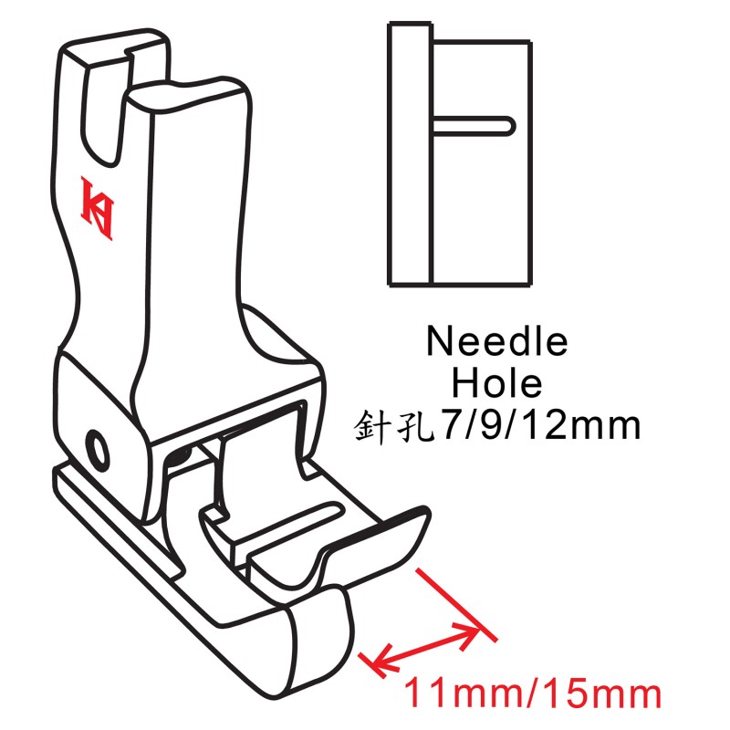 KP438-DL Compensating Foot — Left Compensating Presser Foot Needle Hole Width Right Toe Width