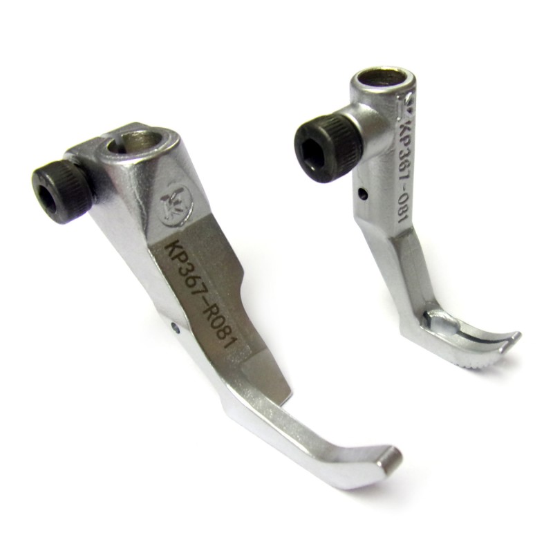 KP367-R081 Presser Feet — Presser foot width : 7.5mmFeeding foot width : 4.5mmR81-301330 + R081-301400Presser feet set for narrow operation.*They must be used together with KH467N081-NP/FD needle plate and feed dog