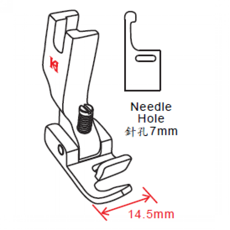 KP438-623 Binding Foot — Left Guide Binding Foot Needle Hole Width : 7mm Binding Width : 10mm Total Width : 14.5mm