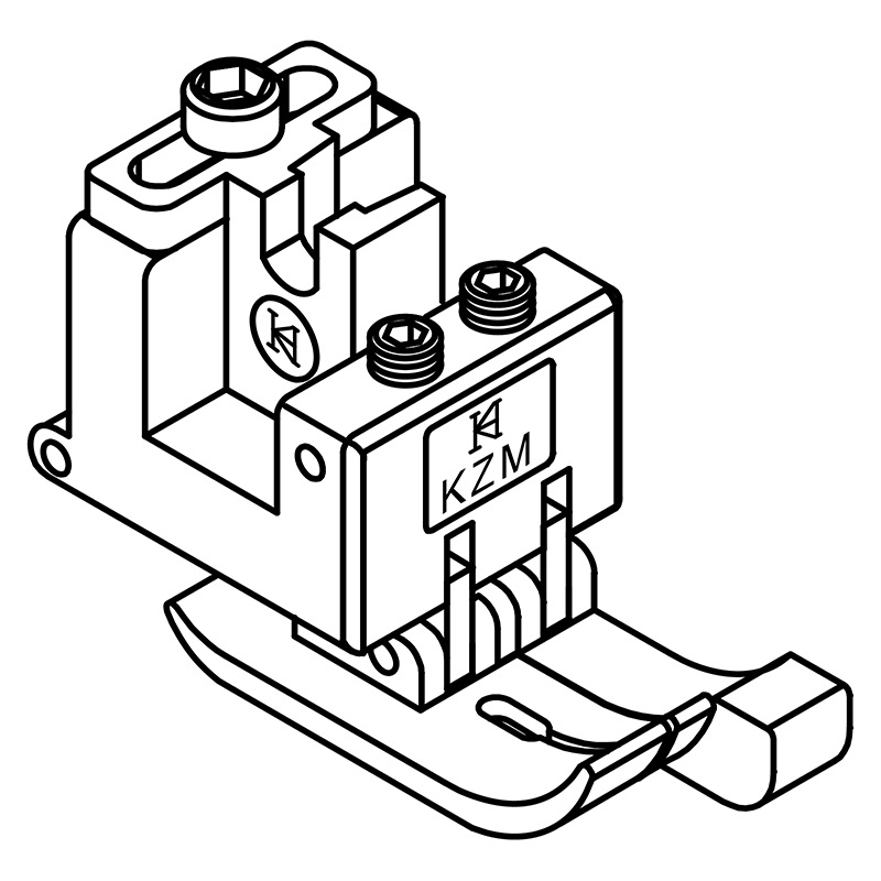 KZM-R Compensating Feet — Right Compensating Feet The pressures of presser foot toes can be adjusted independently. Suitable for sewing different thickness fabrics simultaneously. *Optional size: The space between needle hole and right guide.