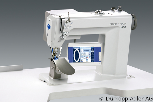 650-10 Dürkopp Adler 1-Needle lockstitch programmed or manual setting of sleeves in men's jackets, blazer and coats with patented curve support post bed sewing unit (0650 990002 033)