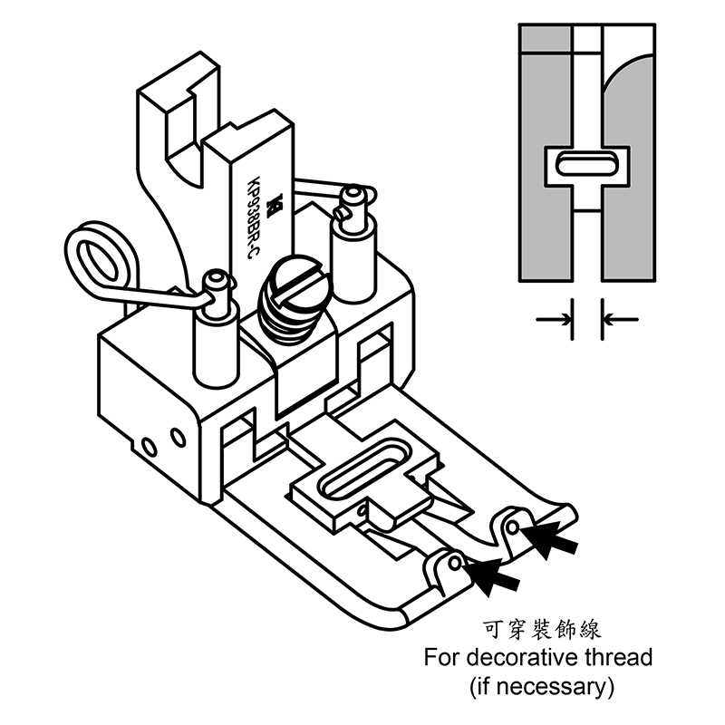 KP938BR-C Tape Attaching Foot with Thread Guide — Pfaff Zigzag Tape Attaching Foot with Thread Guide Dual compensating guide. Grooved bottom for decorative thread/trim/tape. Needle Hole Size: 8 x 2mm Hole Diameter for Decorative Thread: Ø 1mm