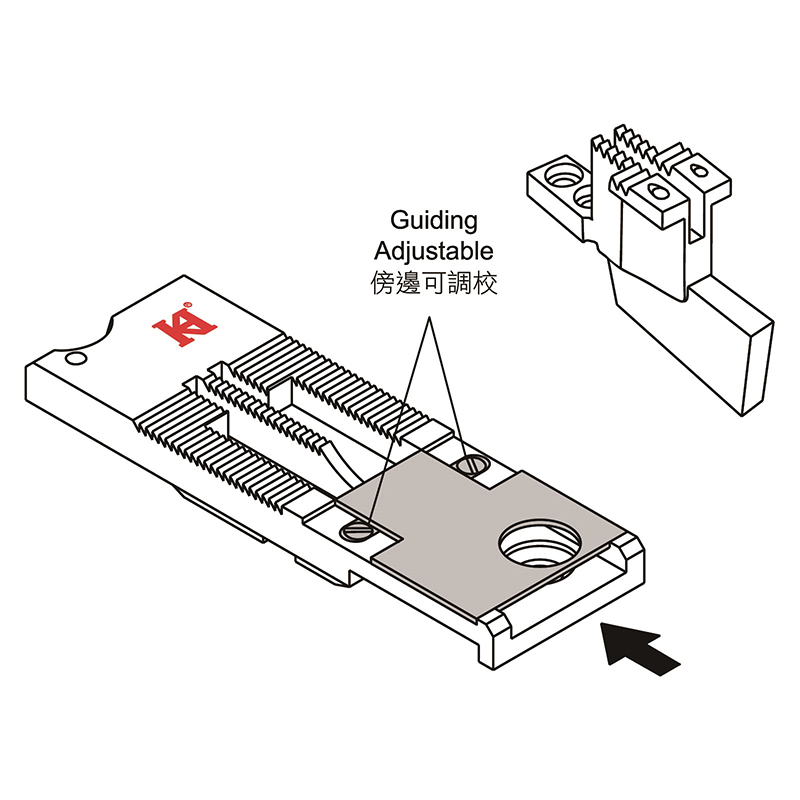 3568-53 Needle Plate + 3568-29 Feed Dog — Needle Plate and Feed Dog for Tape Attaching 3568-53 Needle Plate Needle Plate with Tape Insert Tunnel Height : 2mm 3568-29 Feed Dog Suitable for Machine: