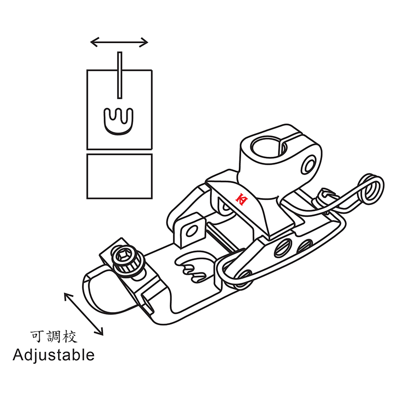 KT664PC Hinged Compensation Presser Foot — Hinged Compensation Presser Foot with Center Guide for Coverstitch Machine Suitable for crossed seam. Center guide is adjustable and removable. Presser Bar Internal Diameter: 6.0mm