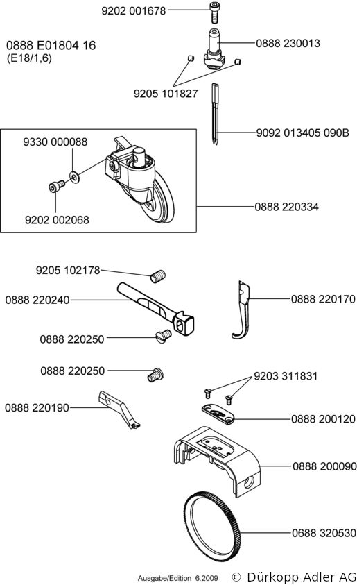 888-260020 Dürkopp Adler 2-Needle lockstitch post bed wheel feed, needle feed and top driven roller presser also during backtacking, integrated sewing drive sewing machine(0888 990002 027)