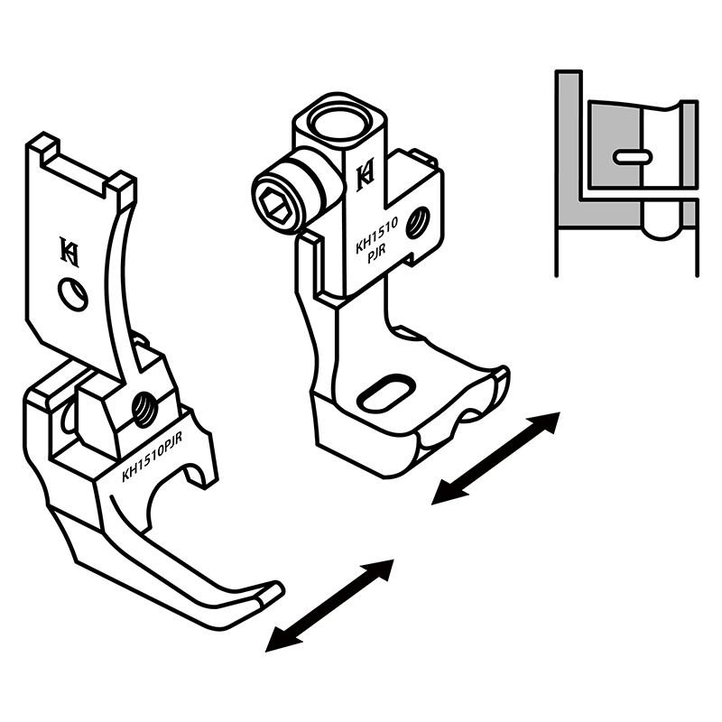 KH1510PJR Piping Feet — Piping Feet for Heavy Duty (Japanese style) Cording groove on the right of the needle. Groove position is adjustable in order to adjust the space between the needle and the cord. Suitable for machine: