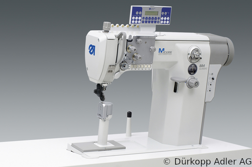 884-150152-M Dürkopp Adler 1-Needle lockstitch post bed wheel feed, needle feed and top driven roller presser also during backtacking, integrated sewing drive sewing machine (0884 990202 009)