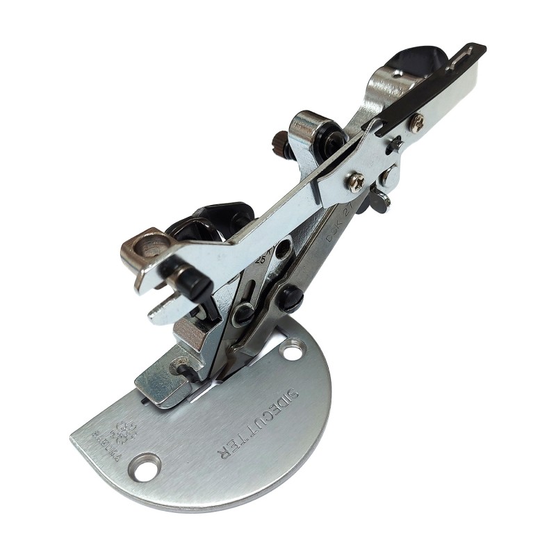 B-735 Side Cutter with Gauge Set — Side Cutter with Gauge Set Attachment for Single Needle Lockstitch Flat Bed Machine. It attaches to the presser bar and needle bar, which can simultaneously cut the fabric edge during sewing. Needle plate, feed dog and presser foot are included.