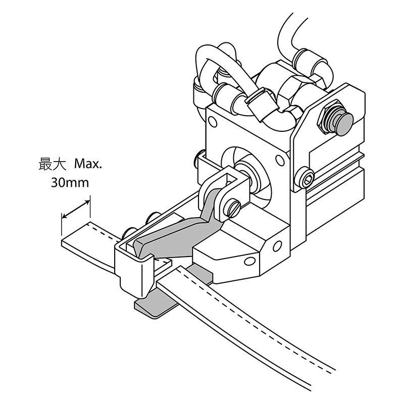 KCR-30 Pneumatic Tape Cutter — Pneumatic Tape Cutter Suitable for cutting rubber bands, tapes, straps, webbings, etc. Maximum tape width: 30mm Manual cutting can be avoided by one button switching operation, saving time and the cost. Cutter position can be adjusted with the attached mounting bracket. Can be used on flat-bed or cylinder-bed machines. Bracket adjustable height: 35 ~ 135mm
