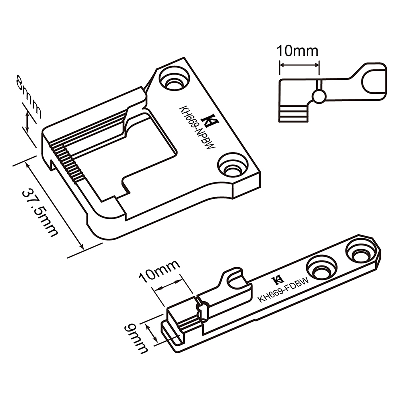 KH669-NPBW Needle Plate + KH669-FDBW Feed Dog — Wider needle plate and feed dog set for binding on Durkopp Adler 669 Used with KHB669 Moving Arm Max. stitch length : 10 mm Feed dog total width : 25mm