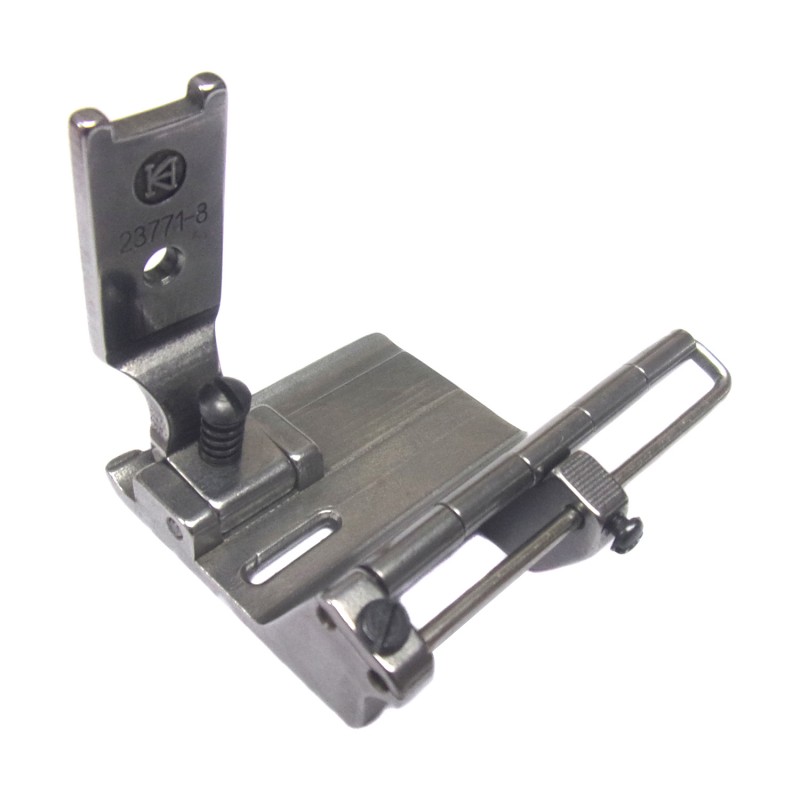 23771-8 Tape Attaching Foot with Roller — Tape Attaching Foot with Roller for Singer / Juki Zigzag Machine Elastic tape guide is adjustable. Maximum Elastic Tape Size : 42mm Needle Hole Width : 10.5mm Pressing Width : 34.5mm