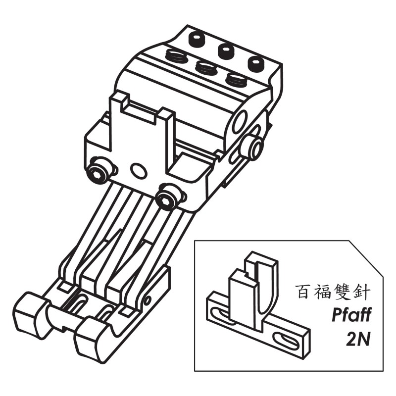 K845G Dual Compensating Feet — Double Needle Dual Compensating Feet (Adjustable) Adjusting both presser feet bases height and pressure independently. Sewing different thickness fabrics simultaneously. Suitable for Machine (*use different presser feet shank):