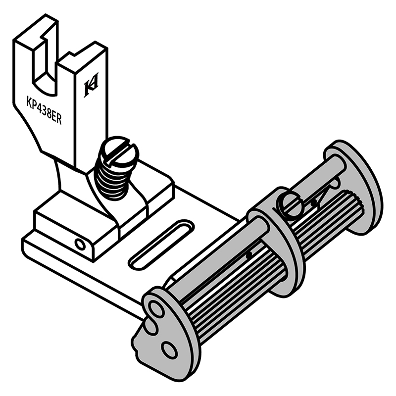 KP438-ER Tape Attaching Foot — A big roller tape guide is fixed in front of the foot. Roller tape guide helps the sticky material such as elastic rubber tape scroll smoothly. Guiding width is is adjustable, maximum to 37mm / 65mm. The guide position is adjustable. Max. Tape Size : 37mm / 65mm Needle Hole Size : 11mm Total Foot Width : 22mm
