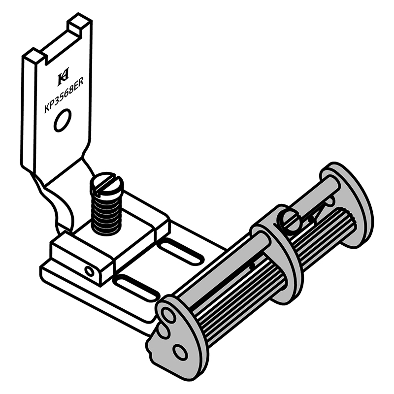 KP3568-ER Roller Guiding Foot — Double Needle Roller Guiding Foot for Tape / Elastic Tape A big roller tape guide is attached in front of the foot. Roller tape guide enable the sticky material such as elastic rubber tape move smoothly. The guide position is adjustable. Guiding width is is adjustable. Maximum Tape Size : 37mm / 65mm