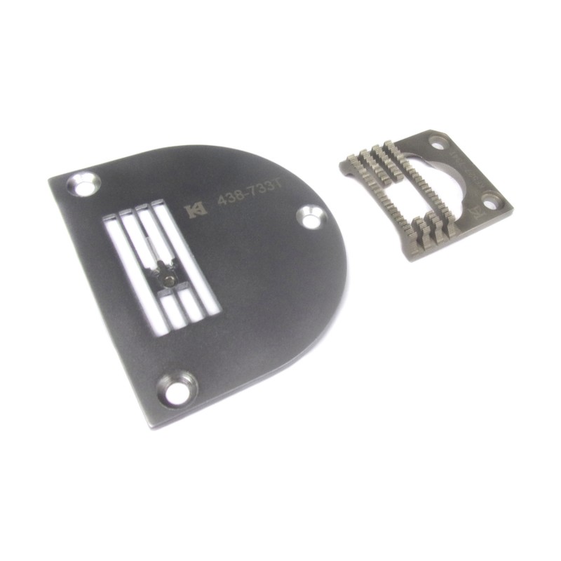 KN438733T Needle Plate + KF527-734T Feed Dog — Needle Plate and Feed Dog for Durkopp Adler 527i KN438733T Needle Plate with Supporting Finger Needle Hole Size: 5.8 x 1.5mm KF527-734T Feed Dog Teeth Width : 14.2mm Teeth in Mid-row : 3T + 9T Teeth : 4 rolls