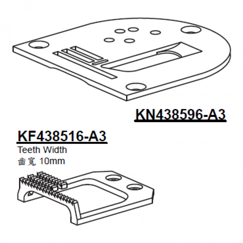 KN438596-A3 Needle Plate + KF438516-A3 Feed Dog — This is a set of binding needle plate and feed dog for Pfaff zigzag machine. There is a open and few screw holes on the needle plate for fixing the binder. Teeth Width: 10mm total Teeth: 3 rolls They are compatible with binding presser foot KP438-623. KP438-623 : binding size 10mm They are also compatible with the binder KHF59 and KHF76.