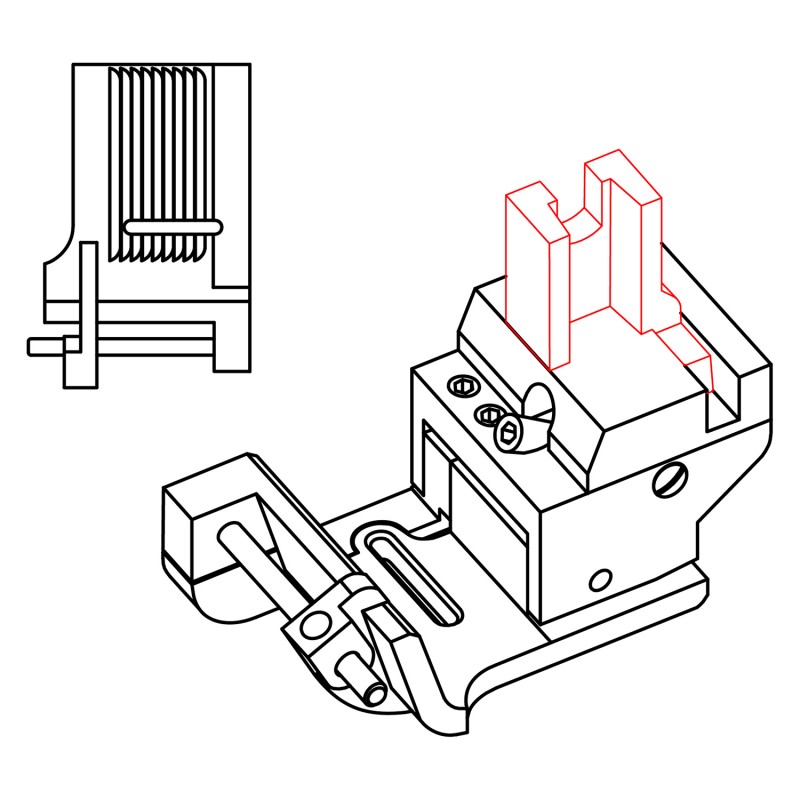 KZZP-GL Left Compensating Feet — Tape/Elastic Tape Attaching Left Compensating Feet for Zigzag Presser feet bottom has vertical grooves to help sewing along the fabric grain. Presser feet position can be adjusted. Convertible presser feet shank for Pfaff zigzag or other zigzag machine (e.g. Juki, Singer, Brother). Tape Maximum Width: 17mm Suitable for Machine (*use different presser feet shank):