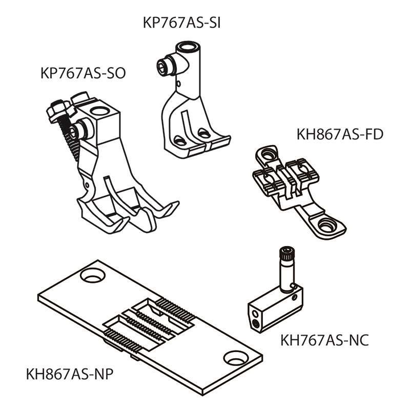 KH867AS-SG Asymmetric Guiding Gauge Set — Asymmetric Guiding Gauge Set This gauge set is convenient for users to use single needle or double needle alternately. The center is at the right needle hole, not in the middle between two needles. Full set includes: