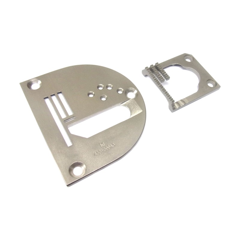KN438596-A3 Needle Plate + KF527516-A3 Feed Dog — Binding Needle Plate and Feed Dog for Durkopp Adler 527i KN438596-A3 Needle Plate Needle Hole Size : 6.4 x 1.5mm KF527516-A3 Feed Dog Teeth Width : 9.8mm Teeth : 3 rolls