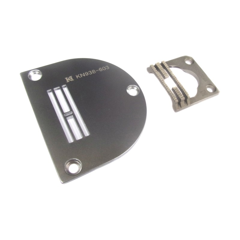 KN938603 Needle Plate + KF527-523 Feed Dog — Needle Plate and Feed Dog for Durkopp Adler 527i KN938603 Needle Plate Needle Hole Size : 4.2 x 1.3mm KF527-523 Feed Dog Teeth Width : 10mm Teeth in Mid-row : 8T + 10T Teeth : 3 rolls