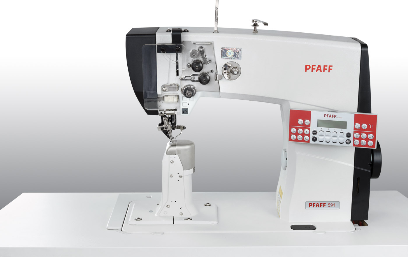 PFAFF 591 Одноигольная машина челночного стежка  с колонковой платформой с верхним и нижним роликовым продвижением и игольным транспортом