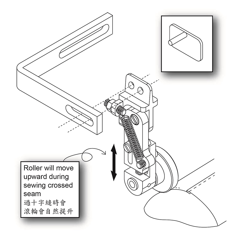KG779L Compensating Roller Guide — Compensating Roller Guide It is mounted on the machine and guiding the material at the left hand side. This guide is compensating and adjustable. Roller guide is better for curved surface. One more straight guide is also provided for flat surface. Can be mounted on various model by using different mounting brackets.