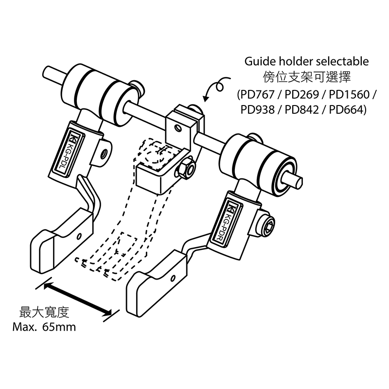 KG-PD Dual Guide — Dual Guide Guide holder can be selected according to different machines. Keep guiding on plate during presser foot is lifting up. Guiding position is adjustable. Maximum guiding width: 65mm