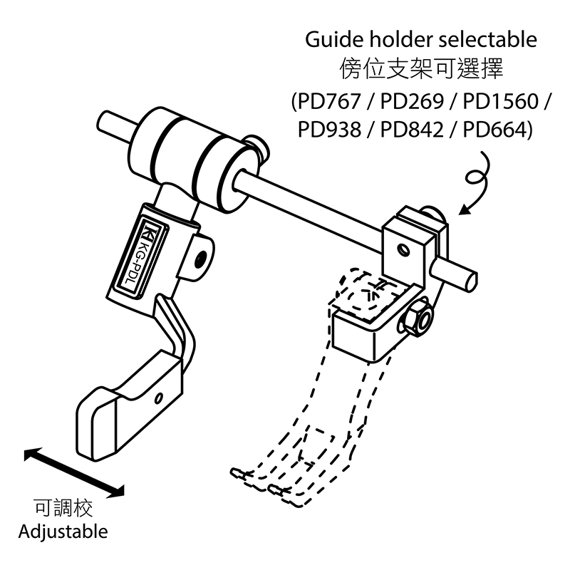 KG-PDL Left Guide — Left Guide Guide holder can be selected according to different machines. Keep guiding on plate during presser foot is lifting up. Guiding position is adjustable.
