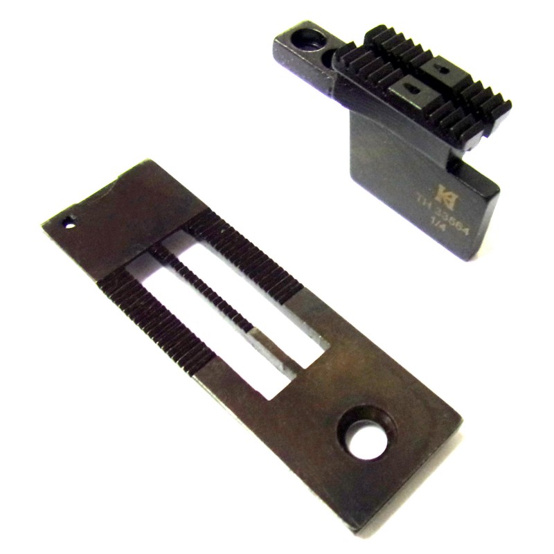 TH25305 Needle Plate + TH33564 Feed Dog — Double Needle Gauge Set (for Thick Material) TH25305 Needle Plate Needle plate for thick material Tunnel Height : 4mm TH33564 Feed Dog Feed dog for thick material