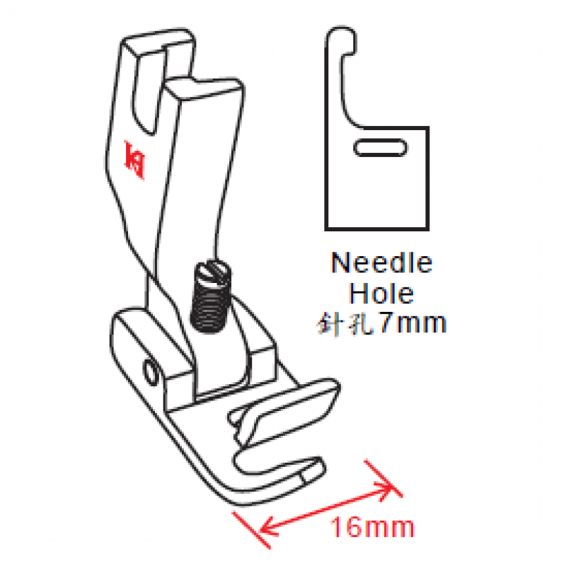 KP438-624 Binding Foot — Left Guide Binding Foot Needle Hole Width : 7mm Binding Width : 12mm Total Width : 16mm