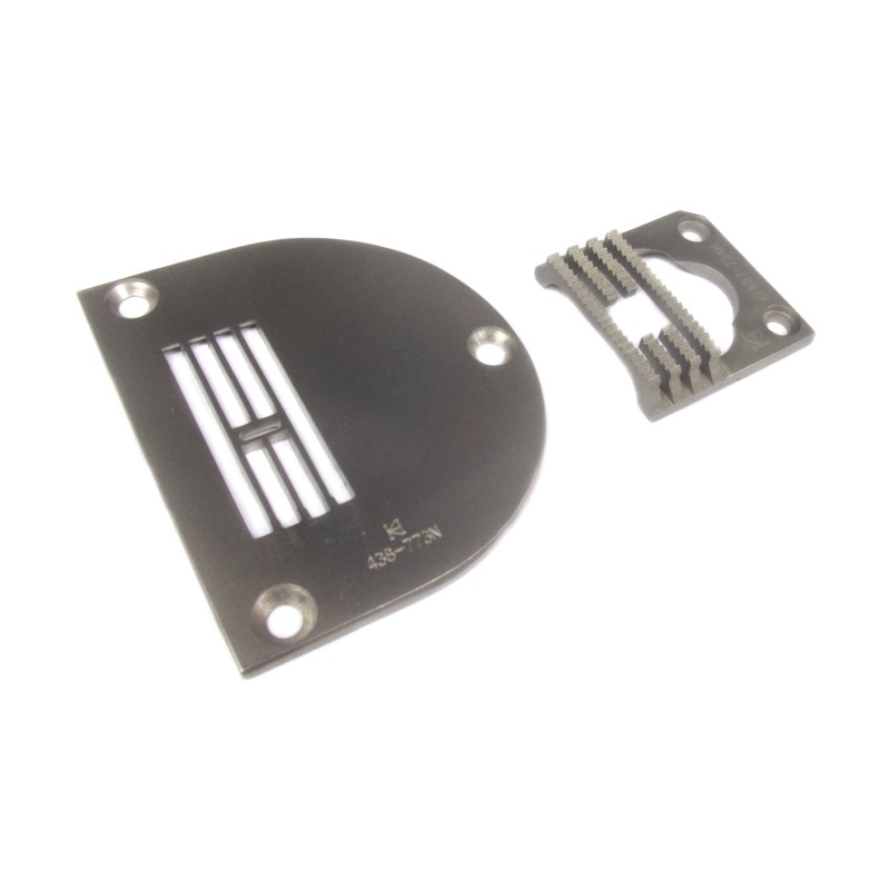 KN438733N Needle Plate + KF527-734N Feed Dog — Needle Plate and Feed Dog for Durkopp Adler 527i KN438733N Needle Plate Needle Hole Size : 6.0 x 1.5mm KF527-734N Feed Dog Teeth Width : 14.2mm Teeth in Mid-row : 6T + 9T Teeth : 4 rolls