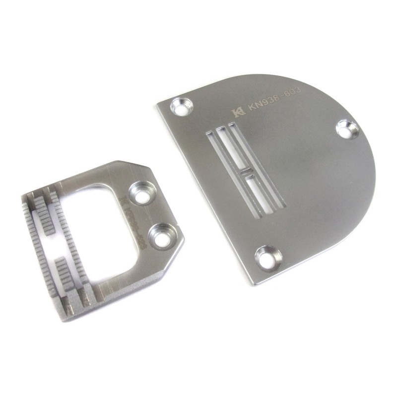 KN938603 Needle Plate + KF938523 Feed Dog — Needle plate and feed dog for Pfaff zigzag machine. KN938603 Needle Plate Needle Hole Width : 4mm KF938523 Feed Dog Teeth : 3 rolls Teeth Width : 10mm Teeth in Mid-row : 7T+ 10T