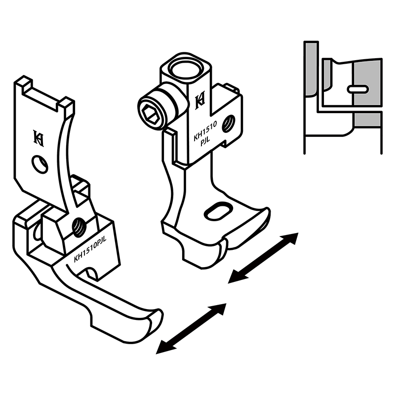 KH1510PJL Piping Feet — Piping Feet for Heavy Duty (Japanese style) Cording groove on the left of the needle. Groove position is adjustable in order to adjust the space between the needle and the cord. Suitable for machine: