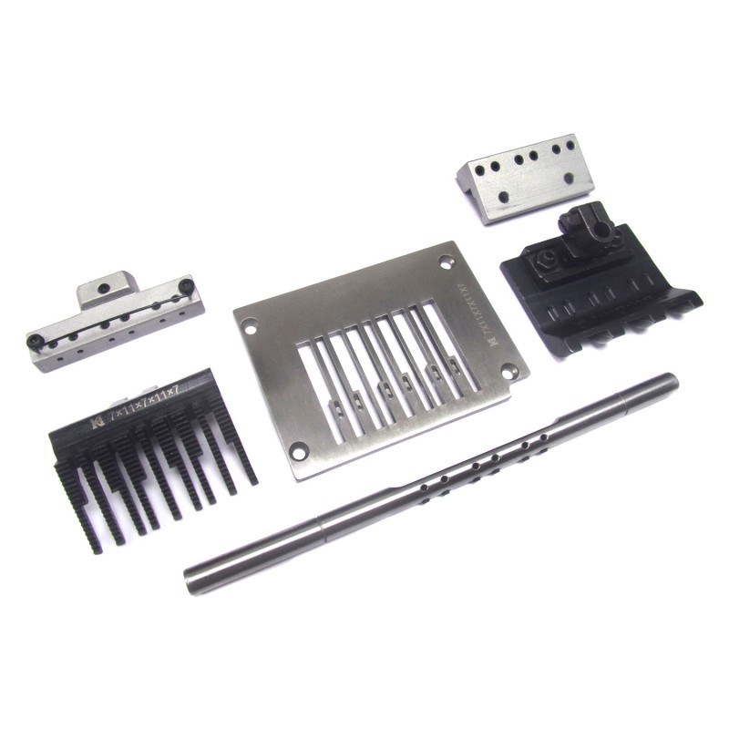 KH4404AD Gauge Set — Gauge Set for 3 Stripe Tapes Patern (for Kansai Special FX4404) Specially for famous brand (e.g. Adidas) sport wares, which can sew 3 stripe tapes / PVC tapes simultaneously. KH4404AD Gauge Set includes: Needle Space: Optional Items:
