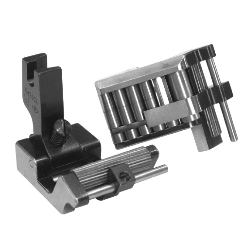 R438CK Roller Zigzag Feet — Roller Zigzag Feet with Guiding Max. Elastic Tape Size : 20mm Needle Hole Width : 11mm Presser Feet Width : 16.5mm