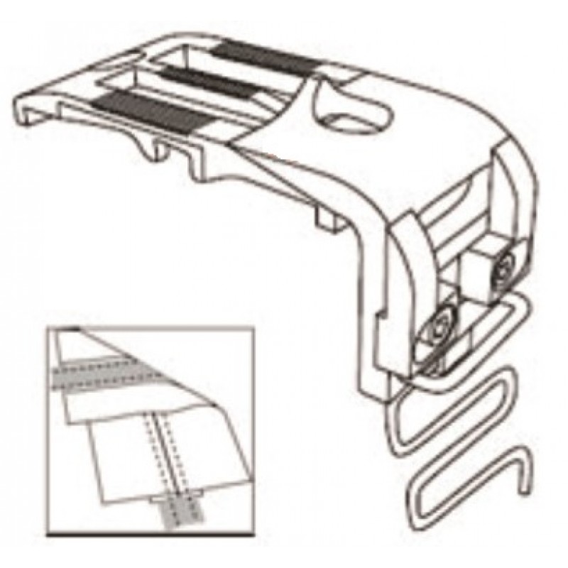 KH1296-NPJT Needle Plate with Tape Guide — Needle plate with adjustable tape guide Stitch length : 9mm Can be used with KH1296-FDT feed dog. *For 6mm needle plate, there is no center bar on it.
