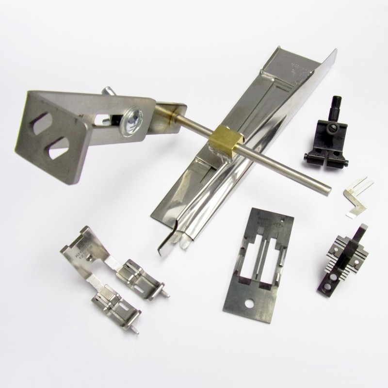 KHF95A (Single Welt) Pocket Welting Attachment — Attachment for Pocket Welting (for 2 needle machine) KHF95A is for the single pocket welting as KHF95B is for the double one. It is including the special needle plate, feed dog, presser foot, needle clamp and knife. Tape size: 2-3/16" Finished size: 7/8" Full set includes: Gauge set includes: