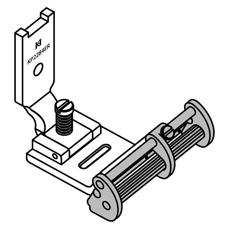 KP2284ER Roller Guiding Foot — Roller Guiding Foot for Singer / Juki Zigzag Machine A big roller tape guide is fixed in front of the foot. Roller tape guide helps the sticky material such as elastic rubber tape scroll smoothly. Guiding width is is adjustable, maximum to 37mm / 65mm. The guide position is adjustable. Maximum Tape Size : 37mm / 65mm Needle Hole Width : 11.5mm Presser Feet Width : 22mm