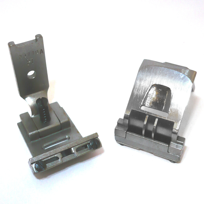 23779A Tape Attaching Foot — Tape Attaching Foot for Singer / Juki Zigzag Machine (For Cross Joint) Elastic tape size can be adjusted. Elastic Tape Size : 3 ~ 15mm Needle Hole Width : 10.5mm Presser Foot Width : 22mm