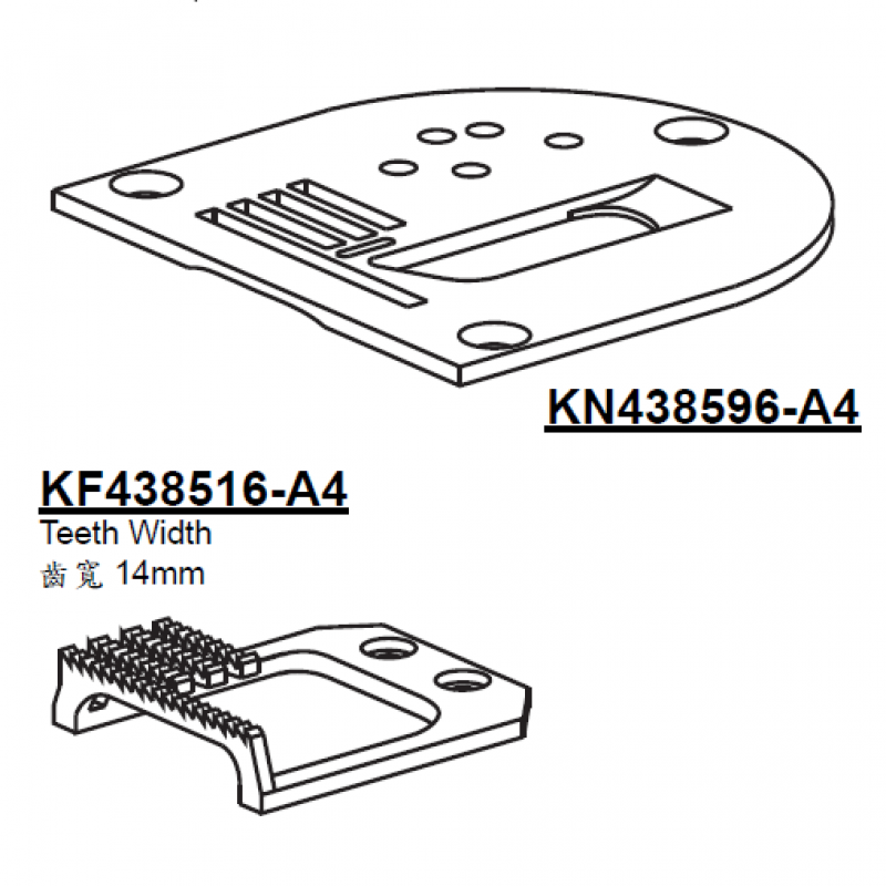 KN438596-A4 Needle Plate + KF438516-A4 Feed Dog — This is a set of binding needle plate and feed dog for Pfaff zigzag machine. There is a open and few screw holes on the needle plate for fixing the binder. Teeth Width: 14mm total Teeth: 4 rolls They are compatible with binding presser foot KP438-624. KP438-624 : binding size 13mm They are also compatible with the binder KHF59 and KHF76.